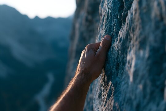 Close-up of a strong hand scaling a steep cliff