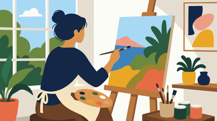 Fototapeta premium Woman artist painting a colorful landscape on canvas in a sunlit studio, with easel, palette, brushes, houseplants, bright window, and cozy modern creative workspace vector illustration