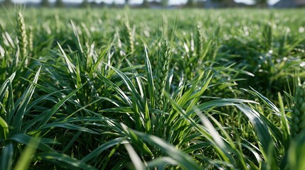 Obraz premium Lush Green Wheat Field in Early Growth Stage Under Bright Sunlight, Agricultural Landscape