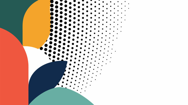 Abstract black halftone dot grid fading into clean white space with bold retro geometric shapes in orange, teal, navy and cream, versatile vector texture for modern design and branding layouts
