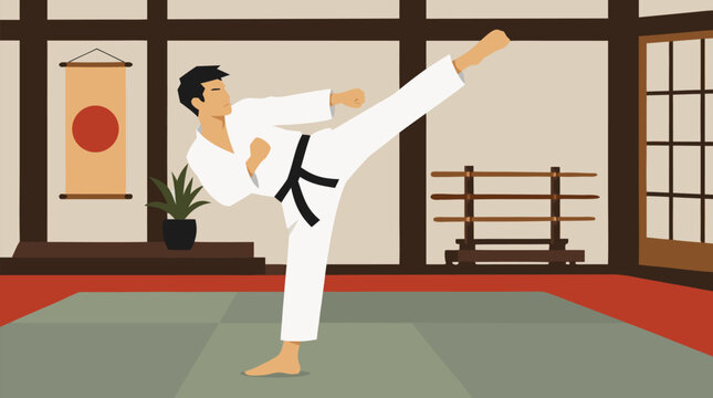 Focused martial artist in white gi and black belt delivering a powerful high spinning kick inside traditional dojo, dynamic combat sports vector illustration for karate training and discipline