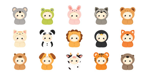 Fototapeta premium Cute animal hood characters set with bear, cat, capybara, penguin, etc clipart and sticker collection