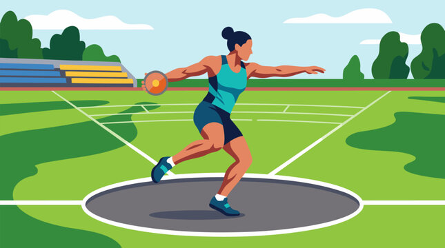 Powerful female discus thrower spinning in the throwing circle to release the disc across an athletics field, dynamic flat vector stadium scene of strength, motion, technique and competitive sport