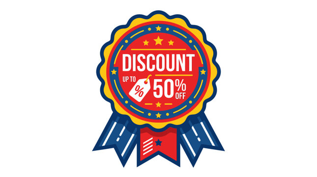 Blue and red rosette badge with fifty percent discount text.