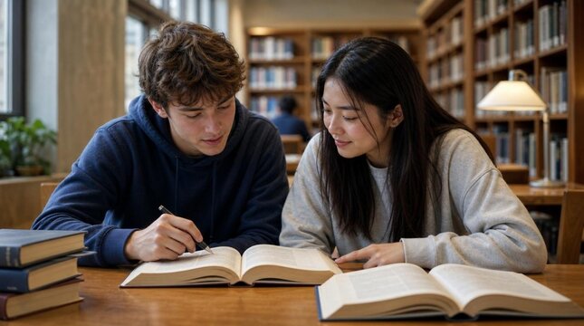 Two focused students collaboratively studying over open textbooks in well-lit library surrounded by wooden bookshelves and warm ambient lighting, capturing engaged academic learning moment