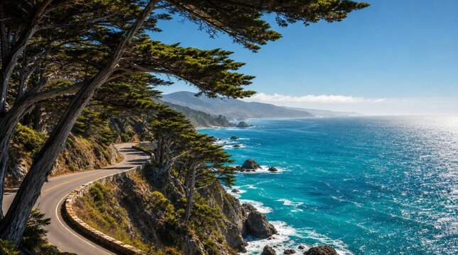 Scenic coastal highway winds dramatically through majestic cypress trees above glittering turquoise Mediterranean waters with rocky cliffs, white-capped waves, and mountain vistas beyond