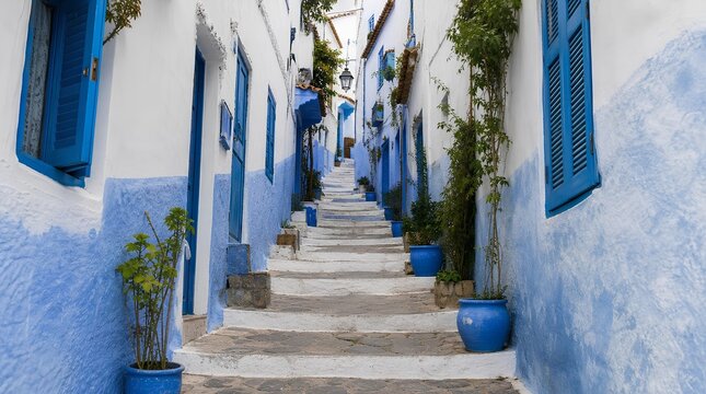 Scenic Mediterranean staircase street climbing between whitewashed houses with brilliant blue shutters, decorated with cascading ivy and azure ceramic planters, charming European village destination