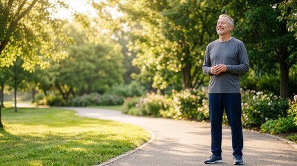 Fototapeta premium A heartwarming image of a middle-aged person taking a deep breath after a light walk in a sun-drenched park. An image themed around active aging, featuring copy space (blank space for text)