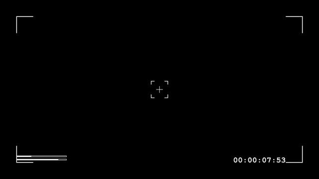 Black screen with digital camera viewfinder overlay  focus points  and timecode.