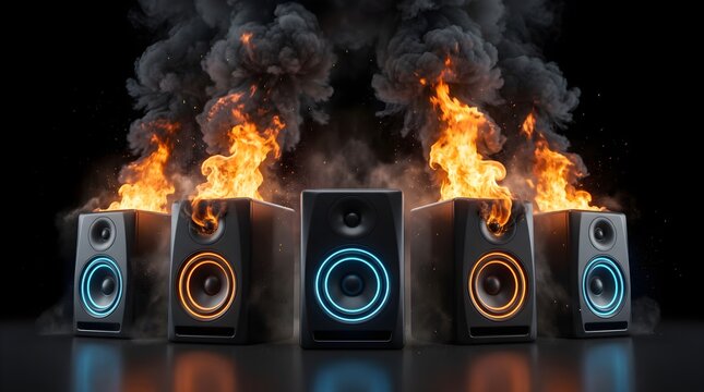Five professional black studio monitor speakers arranged in a row with bright orange and blue glowing rings engulfed in intense realistic flames and thick dark smoke against a black background