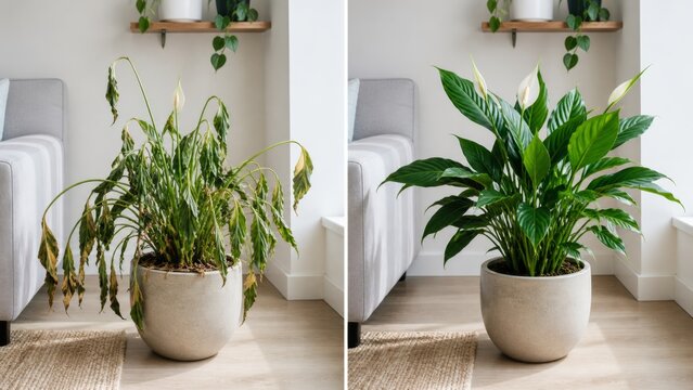 Drooping houseplant revived to healthy green foliage indoors
