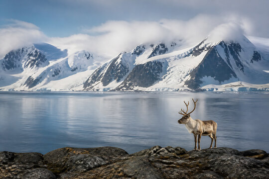 A reindeer stands on a rocky shore overlooking a vast, icy fjord under a cloudy sky.