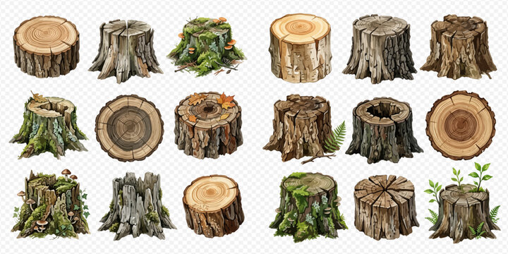 Collection of various tree stumps with different textures and growths, isolated on a transparent background.