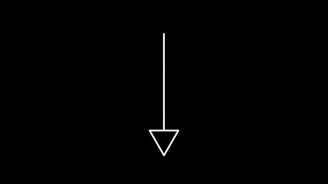 Arrow pointer animation pointing  down, moves slowly, then fades out. 4K high-quality minimalist down-pointing arrow motion graphic for presentation and web UI with alpha channel, transparency. 