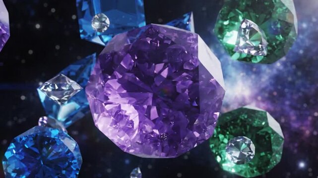 Floating colorful gemstones rotating in deep space creating a magical 3d motion graphic animation sequence