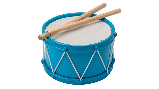 Miniature blue and white marching snare drum toy isolated on a transparent background