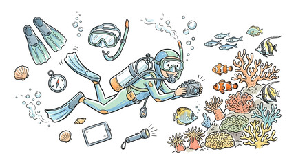 Scuba Diver Exploring Underwater Coral Reef with Camera and Marine Life. © arif
