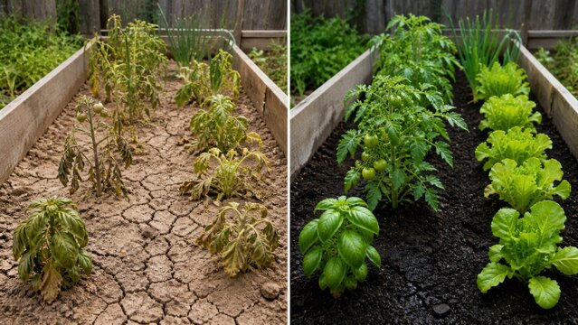 Dry cracked garden bed versus thriving watered plants