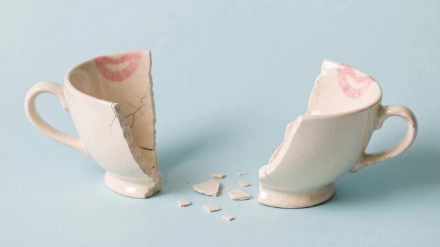 Broken teacup with lipstick kiss mark symbolizes relationship breakdown. A shattered teacup bearing a pink lipstick imprint represents the end of a romantic connection or a failed relationship