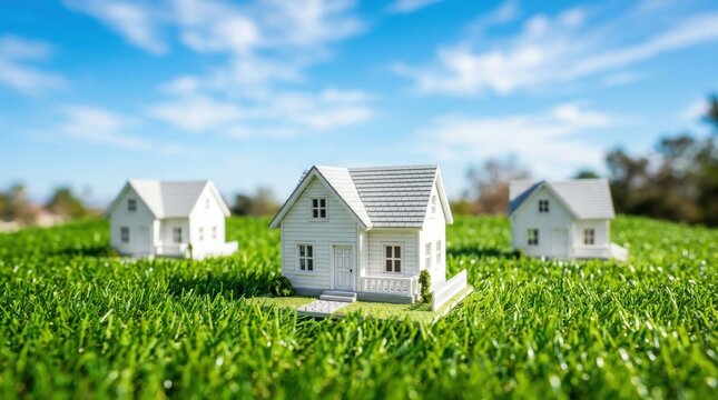 Miniature white model houses sitting on a lush green lawn under a bright blue summer sky