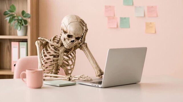 Skeleton working at desk with laptop and coffee, feeling stressed and overwhelmed. A humorous depiction of a skeleton struggling with work tasks