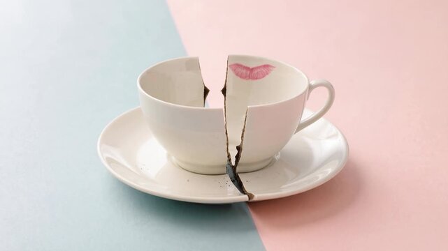 Broken teacup with lipstick kiss mark symbolizes relationship breakdown. A shattered teacup bearing a pink lipstick imprint represents the end of a romantic connection or a failed relationship