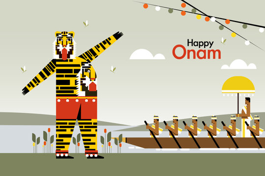 Happy Onam greeting vector illustration featuring traditional tiger dance and snake boat race, celebrating the vibrant cultural heritage of Kerala, India