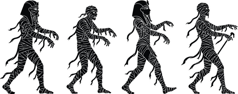 Black and white mummy silhouette set featuring creepy walking ancient Egyptian pharaoh monster characters