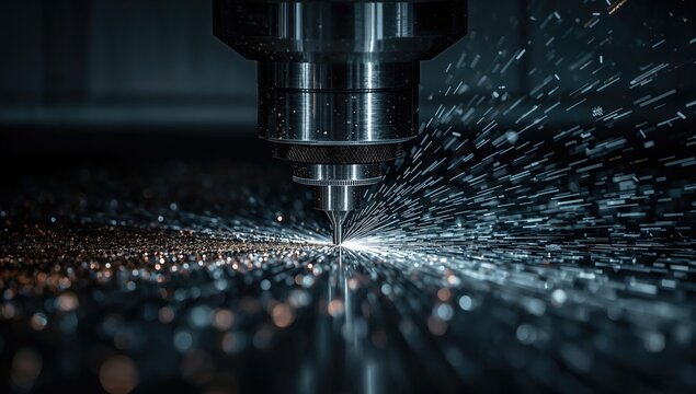 Close-up of CNC milling machine cutting metal with coolant spray and metal shavings flying, dramatic macro detail, concept of smart manufacturing, industrial automation and future factory technology