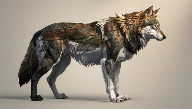 A large wolf with a complex texture_composed of two distinct layered patterns