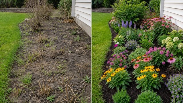 Bare neglected flower bed versus blooming healthy garden border