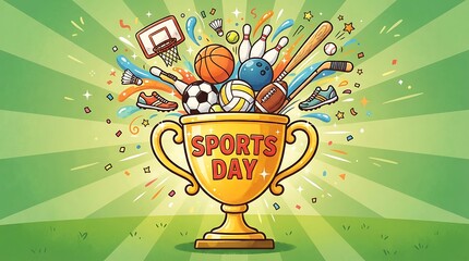 Victory Celebration with Soccer Ball and Trophy in Vibrant Cartoon Style