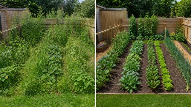 Weedy vegetable patch versus cultivated healthy garden