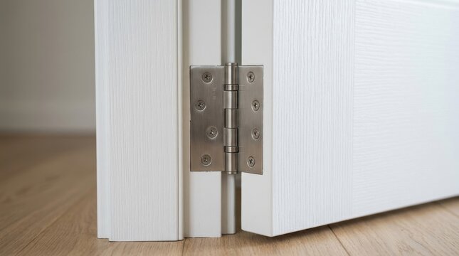 Close up of a metal door hinge on a white wooden door in a bright modern home interior room