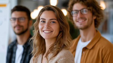 Fototapeta premium Diverse Team at Work: A portrait of three diverse colleagues, with a woman in the foreground smiling warmly, capturing a sense of camaraderie and professionalism in a modern workspace.