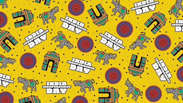 4K India Independence Day seamless looping background in pop art style, featuring moving patterns of elephants, India Gate, and Ashoka Chakra wheels on yellow for event backdrops and video editing.