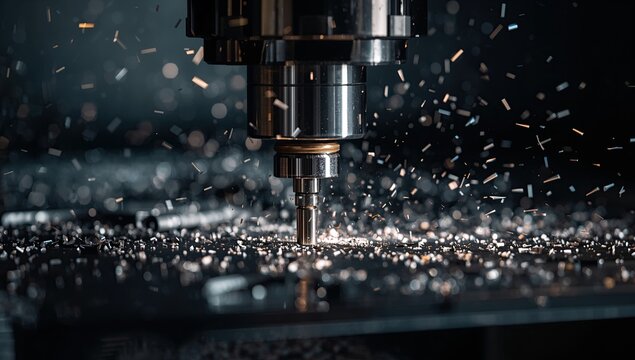 Close-up of CNC milling machine cutting metal with coolant spray and metal shavings flying, dramatic macro detail, concept of smart manufacturing, industrial automation and future factory technology
