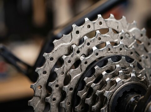 Close Up Metallic Bicycle Rear Cassette Sprocket Cogs with Blurred Background