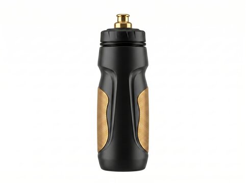 Matte Black Sports Water Bottle with Gold Grip Isolated on White Background