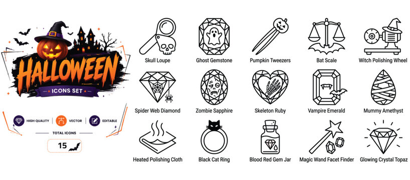 Set of 15 outline icons related to Halloween, jewelry - collection of skull, ghost, pumpkin, bat, witch, spider web, zombie, skeleton, vampire, mummy vector elements