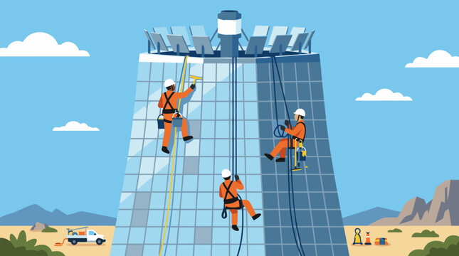 Rope access maintenance crew rappelling down a mirrored solar power tower to wash reflective glass panels in a desert renewable energy plant, safety harness technicians vector illustration