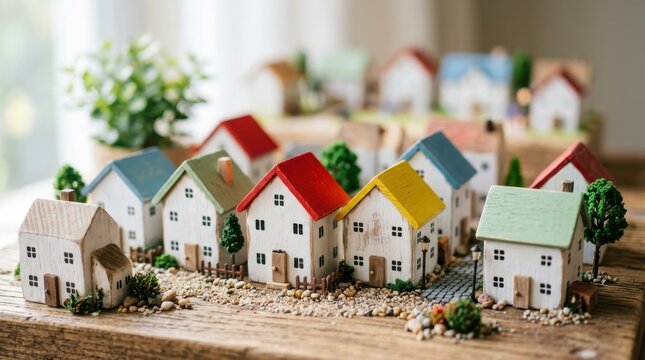 Detailed miniature wooden village with colorful houses on a rustic board in a sunny studio