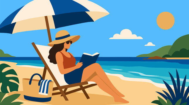 Woman relaxing with a book in a beach lounge chair under a striped umbrella, sunny tropical coast, calm ocean view, vacation leisure, summer reading escape, travel lifestyle vector illustration