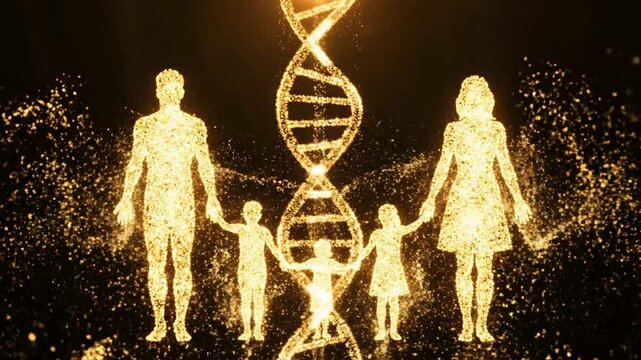 Family Genetics Concept With Glowing DNA Strand And Abstract Figures Representing Family Members Holding Hands Against A Dark Background