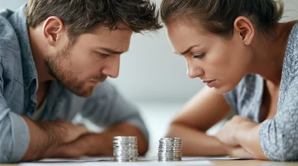 Unhappy young couple sitting at a table and staring strictly at divided stacks of coins. © GrayFrog