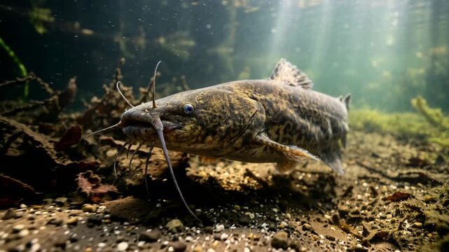 flathead catfish underwater close up in mississippi river morning light video