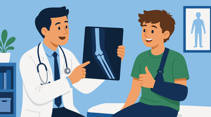 Obraz premium Friendly doctor shows a clear healed arm X-ray to a relieved teen wearing a sling, bright clinic vector scene of recovery, trust, orthopedic care, pediatric reassurance and medical progress