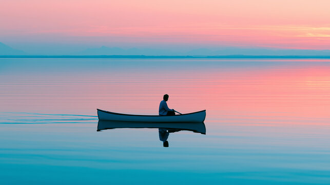 Alone person in a canoe paddling across a perfectly calm lake reflecting a beautiful pastel pink and blue sunset sky.