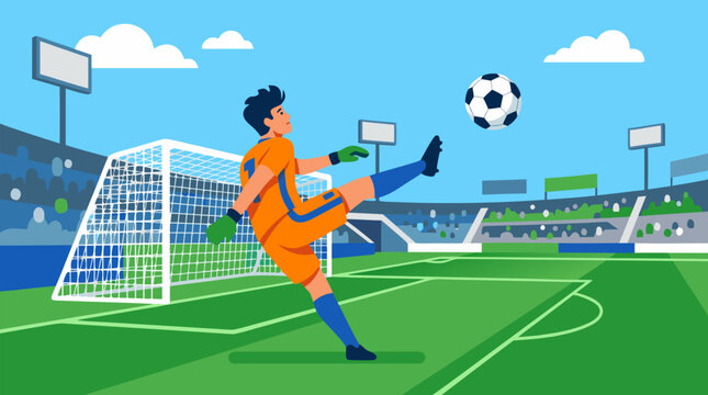 Dynamic soccer goalkeeper vector illustration punting the ball from the goal box, orange uniform, stadium crowd, green pitch and blue sky action for sports posters and team promotions