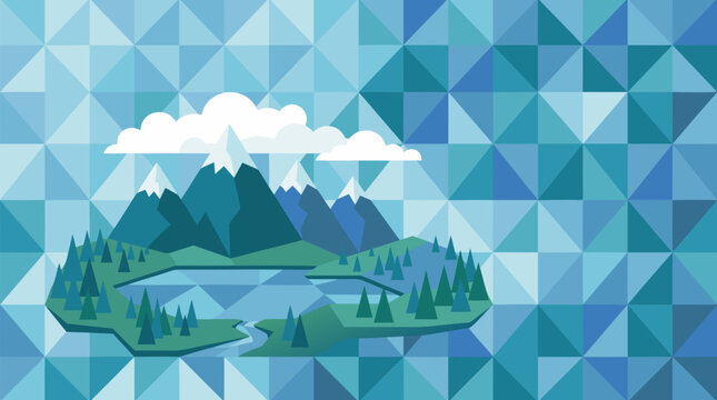 Cool blue low poly vector background with faceted triangle mosaic, serene mountain lake vignette, calming geometric texture for modern banners, wallpapers, layouts and creative presentations